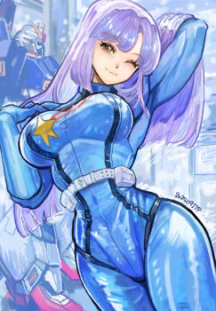 1girl blue_bodysuit bodysuit breasts brown_eyes dated earrings gundam gundam_zz hangar highres jewelry long_hair looking_at_viewer mecha_pilot_suit medium_breasts mobile_suit normal_suit_(gundam) okrdisk2000 purple_eyes purple_hair robot roux_louka science_fiction smile v-fin zeta_gundam_(mobile_suit)