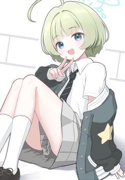 1girl :d ahoge black_necktie black_shoes blue_archive blue_eyes blue_halo collared_shirt commentary diagonal-striped_clothes diagonal-striped_necktie feet_out_of_frame gaarya green_hair green_jacket grey_skirt halo highres jacket long_sleeves looking_at_viewer necktie open_mouth plaid_clothes plaid_skirt pleated_skirt puffy_long_sleeves puffy_short_sleeves puffy_sleeves ritsu_(blue_archive) shirt shoes short_hair short_sleeves sitting skirt sleeves_past_wrists smile socks solo striped_clothes v watermark white_shirt white_socks