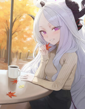 1girl absurdres ahoge autumn blue_archive breasts day demon_girl demon_horns demon_wings halo highres hina_(blue_archive) horns junmin long_hair looking_at_viewer low_wings outdoors purple_eyes sitting small_breasts solo tree very_long_hair white_hair wings