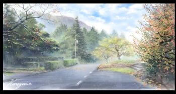 black_border blue_sky border cloud cloudy_sky commentary_request day no_humans nzwt original outdoors power_lines road rural scenery signature sky tree utility_pole