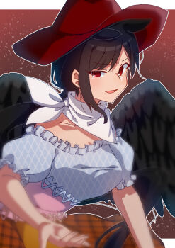 1girl 31061_satorui brown_hat brown_skirt collarbone commentary_request cowboy_hat feathered_wings hat highres kurokoma_saki looking_at_viewer low_ponytail plaid_clothes plaid_skirt ponytail red_eyes skirt smile solo touhou upper_body wings
