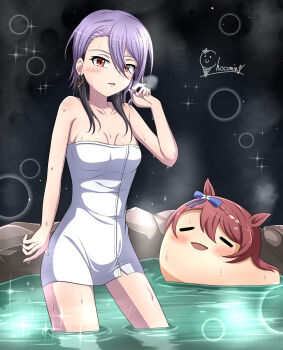 Rule 34 | 1girl, absurdres, animal ears, artist name, asymmetrical bangs, bow, braid, breasts, brown hair, chocolate mint (endou kk), closed eyes, ear bow, earrings, goo goo babies (meme), highres, horse ears, horse girl, jewelry, light smile, looking at viewer, medium breasts, medium hair, meme, naked towel, nase fumino, onsen, open mouth, purple hair, red eyes, signature, solo, sparkle, standing, steam, super creek (umamusume), towel, twirling hair, umamusume, umamusume: cinderella gray, wading, wet, yukkuri shiteitte ne