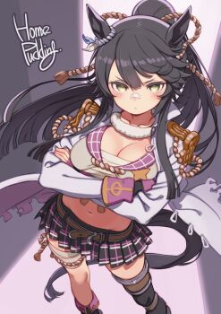 Rule 34 | 1girl, animal ears, artist name, bandaid, bandaid on face, bandaid on nose, black hair, breasts, cleavage, commentary request, crossed arms, highres, horse ears, horse girl, horse tail, long hair, narita brian (umamusume), navel, paid reward available, partial commentary, ponytail, puddinghomhom, skirt, solo, tail, umamusume, yellow eyes