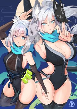 2girls animal_ear_fluff animal_ears black_gloves black_thighhighs blue_archive blue_eyes breasts choker cross_hair_ornament dress elbow_gloves extra_ears fox_mask gloves grey_hair hair_between_eyes hair_ornament highres large_breasts long_hair looking_at_viewer mask medium_hair mismatched_pupils multiple_girls ninja no_halo one-piece_swimsuit revolverwing shiroko_(blue_archive) shiroko_terror_(blue_archive) solo swimsuit thighhighs wolf_ears