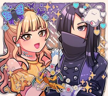 Rule 34 | 1jumangoku, 2girls, asymmetrical bangs, bare shoulders, black collar, black gloves, black hair, black shirt, black sleeves, blonde hair, blunt bangs, blunt ends, border, brown eyes, bug, butterfly, buttons, collar, commentary request, covered mouth, crossed arms, detached sleeves, dress, eyelashes, floral print, gloves, gradient background, hair over one eye, hands on another's shoulder, heart, high collar, himeno ran, insect, interlocked fingers, jacket, jewelry, kanisuka rita, lace-trimmed collar, lace-trimmed sleeves, lace trim, light blush, long hair, long sleeves, looking at viewer, mole, mole under eye, multiple girls, necklace, ohsama sentai king-ohger, open clothes, open jacket, open mouth, orange headwear, outline, outside border, own hands clasped, own hands together, pearl necklace, polka dot, polka dot background, ponytail, praying mantis, puffy short sleeves, puffy sleeves, purple background, purple butterfly, purple eyes, purple jacket, ran himeno, red lips, rita kanisuka, rose print, shirt, short sleeves, sleeveless, sleeveless dress, sleeveless jacket, smile, sparkle, super sentai, tassel, thick eyebrows, tiara, upper body, white border, white gloves, white outline, white wrist cuffs, wrist cuffs, yellow background, yellow dress, yellow sleeves