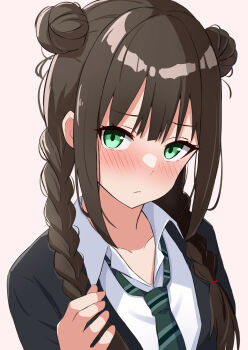 1girl alternate_hairstyle amenocchi black_hair blush braid commentary_request dango double_bun food hair_bun highres idolmaster idolmaster_cinderella_girls looking_at_viewer necktie school_uniform shibuya_rin simple_background single_hair_bun upper_body wagashi