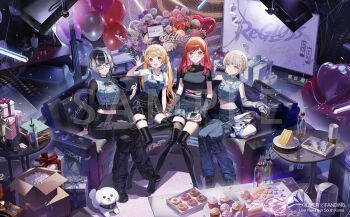 arm_warmers balloon black_boots black_hair black_pants black_shoes black_thighhighs blonde_hair blue_pants boots bouquet cake closed_mouth crossed_legs denim fingerless_gloves flower food glasses gloves grey_hair hand_up heart heart_o-ring highres hololive hololive_dev_is ichijou_ririka juufuutei_raden long_hair long_sleeves looking_at_viewer midriff mixed-language_commentary multicolored_hair navel o-ring o-ring_thigh_strap official_art open_mouth otonose_kanade pants pink_hair purple_hair red_hair regloss_(hololive) sample_watermark shoes short_hair short_sleeves single_thighhigh sitting smile thigh_boots thigh_strap thighhighs todoroki_hajime virtual_youtuber watermark zerg_(z79438659)