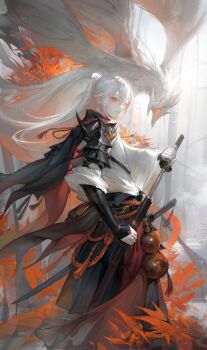 1boy armor asymmetrical_sleeves bandaged_hand bandages black_gloves cape closed_mouth colored_inner_hair day dragon earrings fingerless_gloves fog forest genshin_impact gloves gourd hair_between_eyes highres holding holding_sword holding_weapon japanese_armor japanese_clothes jewelry kaedehara_kazuha kkamiiz leaf light long_hair long_sleeves looking_at_viewer male_focus maple_leaf multicolored_hair nature orange_eyes ponytail samurai shirt shoulder_armor sode solo spot_color standing sword tassel tree weapon white_hair white_shirt wide_sleeves