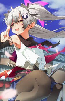 1girl armpits bandages blue_archive blue_sky blush brown_eyes brown_pantyhose grey_hair hasu202mm highres katana michiru_(blue_archive) pantyhose school_uniform sky solo sword twitter weapon