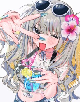 1girl :d bikini black_bikini black_eyes blue_nails breasts cleavage commentary drink drinking_straw eyewear_on_head floral_print flower grey_hair hair_flower hair_ornament hamafugu hat hibiscus highres holding holding_drink looking_at_viewer midriff nail_art nail_polish navel off-shoulder_shirt off_shoulder one_eye_closed open_mouth original pink_flower see-through_clothes see-through_shirt shirt smile solo sparkling_eyes standing sun_hat swimsuit twintails very_long_fingernails