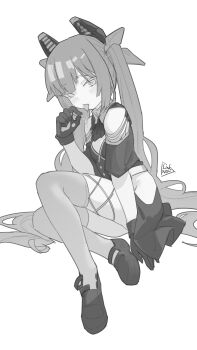 Rule 34 | 1girl, absurdres, bare shoulders, blush, bow, breasts, buttons, clothing cutout, commentary request, dress, food, full body, gloves, greyscale, hair bow, hand up, headgear, highres, linkai nuofu, long hair, looking at viewer, monochrome, original, pinching gesture, shoes, short sleeves, sidelocks, signature, simple background, sitting, skirt, solo, thighhighs, tongue, tongue out, twintails, very long hair, white background, wulala (vtuber)