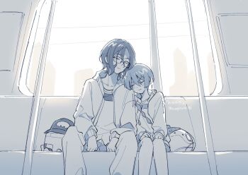 1boy 1girl alternate_costume amate_yuzuriha artist_name bag baseball_cap bespectacled blush bomber_jacket chin_rest closed_eyes commentary_request conch_(gundam) feigning_sleep furrowed_brow glasses gundam gundam_gquuuuuux hair_between_eyes hands_on_own_knees haro hat head_on_another&#039;s_shoulder head_on_head head_rest highres jacket kuroko_(ku_rogitune96) matching_outfits monochrome non-humanoid_robot official_alternate_costume rectangular_eyewear robot shirt short_hair shoulder_bag shuji_ito sitting sleeping t-shirt train_interior twitter_username watermark wavy_hair wavy_mouth