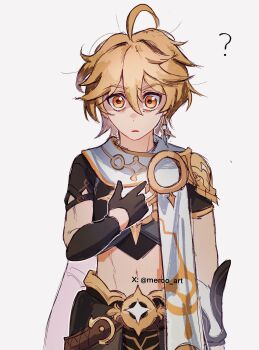 Rule 34 | 1boy, ?, absurdres, aether (genshin impact), arm armor, black gloves, black shirt, blonde hair, commentary, cowboy shot, cropped shirt, earrings, english commentary, genshin impact, gloves, guy pointing at himself (meme), hair between eyes, hand on own chest, highres, jewelry, looking at viewer, male focus, meme, meroo art, midriff, parted lips, scarf, shirt, short sleeves, simple background, single earring, solo, twitter username, white background, white scarf, yellow eyes