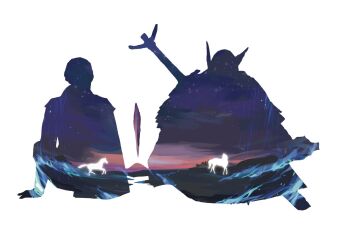 Rule 34 | 1boy, 1girl, brother and sister, commentary, double exposure, duchess (elden ring), elden ring, elden ring nightreign, english commentary, helmet, highres, horse, landscape, rimyzipel, siblings, silhouette, sitting, sky, star (sky), sword, weapon, white background, winged helmet, wylder (elden ring)