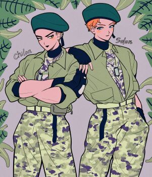 Rule 34 | 1boy, absurdres, belt, belt pouch, beret, black gloves, blonde hair, blue eyes, blush, busujima mason rio, camouflage, camouflage pants, camouflage shirt, collared shirt, contrast collar, cowboy shot, crossed arms, dog tags, ear blush, ear piercing, earrings, eye contact, film grain, fingerless gloves, foliage, gloves, green belt, green hat, green shirt, grey background, hand in pocket, hand on another's shoulder, hat, highres, hypnosis mic, jewelry, kubiki (hypnosis mic), light smile, looking at another, male focus, mismatched eyebrows, open clothes, open shirt, orange hair, pants, piercing, pouch, sakuranbo291, shirt, shirt tucked in, short hair, side-by-side, sideburns, sleeves pushed up, stud earrings, thick outlines, triangle mouth, turtleneck, v-shaped eyebrows, very short hair, wavy hair, yellow eyes