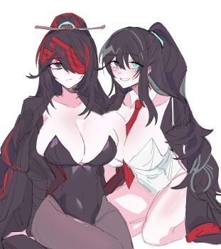 2girls absurdres bandage_over_one_eye black_eyes black_hair black_pantyhose blue_eyes breasts closed_mouth coat coat_on_shoulders detached_collar family_hierarch_candidate_(identity)_(project_moon) genderswap genderswap_(mtf) heterochromia high_ponytail highres hong_lu_(project_moon) large_breasts leotard limbus_company long_hair looking_at_viewer multiple_girls necktie one_eye_covered open_mouth pantyhose playboy_bunny ponytail project_moon red_necktie sei02080308 strapless strapless_leotard white_background