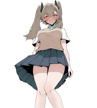 1girl absurdres black_horns black_nails blue_skirt breasts closed_mouth collared_shirt grey_hair grey_sweater hashtag-only_commentary highres horns indie_virtual_youtuber large_breasts light_smile long_hair pleated_skirt red_eyes saruei_(vtuber) scar scar_across_eye scar_on_face school_uniform shirt simple_background sio4_4 skirt solo sweater twintails virtual_youtuber white_background white_shirt