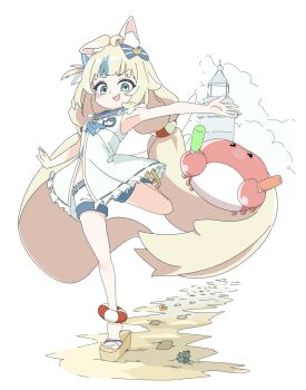 1girl :d ahoge animal_ear_fluff animal_ears armpits blonde_hair blue_eyes blue_neckerchief blue_sailor_collar blue_streaks bow cat_ears crab dress fang hair_bow hashtag-only_commentary highres indie_virtual_youtuber kaniki_(sameko_saba) lifebuoy_hair_ornament long_hair looking_at_viewer low_twintails midriff_peek multicolored_hair neckerchief one_side_up open_clothes open_dress open_mouth sailor_collar sailor_dress sameko_saba seashell shell shorts skin_fang sleeveless sleeveless_dress smile solo soriumumik88413 standing standing_on_one_leg streaked_hair tiptoes twintails very_long_hair virtual_youtuber white_background white_dress white_shorts