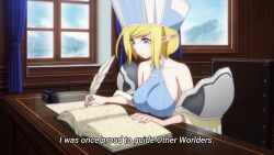 Rule 34 | 1girl, animated, anime screenshot, annette (isekai shikkaku), bare shoulders, blonde hair, blue dress, blue eyes, book, breasts, chair, collarbone, dress, elf, hat, highres, isekai shikkaku, large breasts, plume, pointy ears, short hair, shoulder plates, sideboob, sidelocks, sitting, sleeveless, sleeveless dress, sound, table, tagme, video, writing