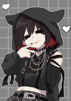 Rule 34 | 1girl, absurdres, animal ear hood, argyle clothes, argyle skirt, arm at side, bare shoulders, belt, belt buckle, black belt, black choker, black eyes, black hair, black hoodie, black skirt, bob cut, buckle, chinese commentary, choker, closed eyes, clothing cutout, colored inner hair, commentary, cropped hoodie, empty eyes, eyeliner, fake animal ears, finger to mouth, goth fashion, grey background, grey outline, grid background, hair between eyes, hand up, head tilt, heart, highres, hood, hood up, hoodie, jewelry, lipstick, long sleeves, looking at viewer, makeup, midriff, monogatari (series), multicolored hair, narrowed eyes, necklace, oshino ougi, outline, pale skin, red eyeliner, red hair, red lips, short hair, shoulder cutout, sketch, skirt, smile, solo, tsugumi (tgm 615486), upper body, v, v over mouth