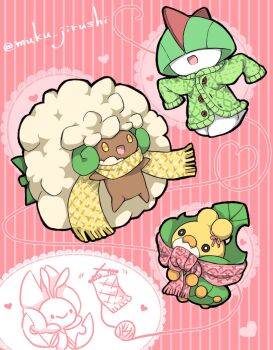 artist_name bowl_cut colored_skin dark_skin gen_3_pokemon gen_5_pokemon green_hair green_sweater heart highres horns knitting leavanny muku_jirushi nintendo pink_background pink_scarf pokemon pokemon_(creature) ralts scarf sewaddle smile sweater whimsicott white_skin yarn yarn_ball yellow_eyes yellow_scarf yellow_skin