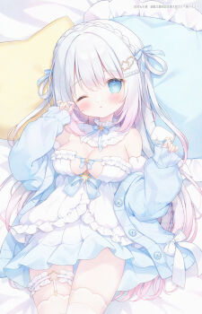 1girl blue_cardigan blue_eyes blue_ribbon blush braid breasts cardigan cleavage crown_braid dress frills gradient_hair hair_ornament hair_ribbon highres long_hair long_sleeves looking_at_viewer lying medium_breasts multicolored_hair omochi_monaka on_back one_eye_closed open_cardigan open_clothes original parted_lips pillow pink_eyes ribbon solo star_(symbol) star_hair_ornament thigh_strap thighhighs very_long_hair white_dress white_hair white_thighhighs