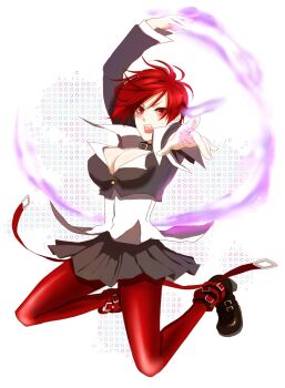 1girl aixftl bad_id bad_pixiv_id boots breasts cleavage female_focus fire genderswap genderswap_(mtf) highres large_breasts miniskirt pantyhose pleated_skirt purple_fire pyrokinesis red_eyes red_hair red_pantyhose short_hair skirt snk solo the_king_of_fighters yagami_iori