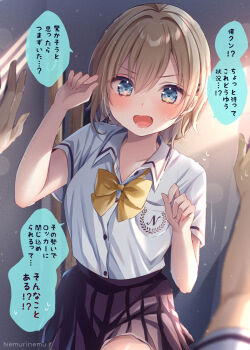 1boy 1girl black_skirt blonde_hair blue_eyes blush bow breasts collarbone collared_shirt large_breasts looking_at_viewer medium_breasts nemuri_nemu open_mouth original pleated_skirt pov school_uniform shirt short_sleeves skirt solo_focus speech_bubble translation_request white_shirt yellow_bow