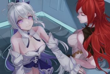 2girls ahoge breasts cleavage cleavage_cutout closed_eyes closed_mouth clothing_cutout commentary_request detached_sleeves dress highres himeko_(honkai:_star_rail) honkai:_star_rail honkai_(series) honkai_impact_3rd kiana_kaslana kiana_kaslana_(apho) kiana_kaslana_(herrscher_of_finality) long_hair mi24789 multiple_girls ponytail purple_eyes red_hair strapless strapless_dress very_long_hair white_dress white_hair white_sleeves