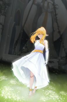 1girl absurdres alternate_costume alternate_hairstyle anklet barefoot blonde_hair church da_vu dress elbow_gloves elf flower gloves grass half-closed_eyes high_ponytail highres indoors jewelry long_pointy_ears looking_at_viewer overgrown pointy_ears ponytail ruins serie_(sousou_no_frieren) smile solo sousou_no_frieren standing statue white_dress white_gloves yellow_eyes