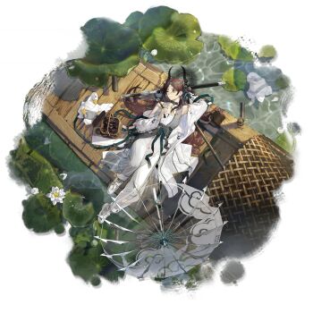 1girl animal arknights bird black_horns brown_hair caustics closed_mouth coat duck five-fall flower freckles full_body green_theme hair_spread_out halo halo_behind_head highres horns jian_(weapon) jieyun_(arknights) jieyun_(away_from_dust)_(arknights) looking_to_the_side lotus_leaf lying nature official_art on_back one_eye_closed outdoors pants parted_bangs pendant_choker sampan scenery simple_background solo third-party_source transparent transparent_background transparent_umbrella umbrella water water_lily_flower watercraft white_coat white_flower yellow_eyes