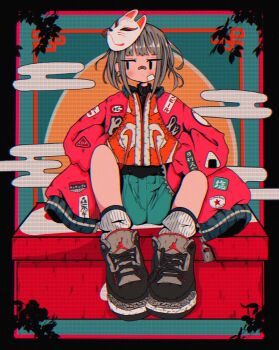 1girl air_jordan air_jordan_1 air_jordan_3 aqua_background aqua_shorts averting_eyes bandaid bandaid_on_cheek bandaid_on_face bandaid_on_nose black_border black_shoes blunt_bangs border box chromatic_aberration commentary_request earrings egasumi fox_mask full_body grey_hair grey_shoes highres holding holding_shoes holding_unworn_clothes jacket jewelry knees_apart_feet_together long_sleeves mask mask_on_head nao97122 nike_(company) on_box open_clothes open_jacket orange_background orange_shoes original patch red_jacket ribbed_socks shoe_box shoes short_hair shorts sideways_glance sitting sneakers socks solo streetwear unworn_shoes white_socks zipper