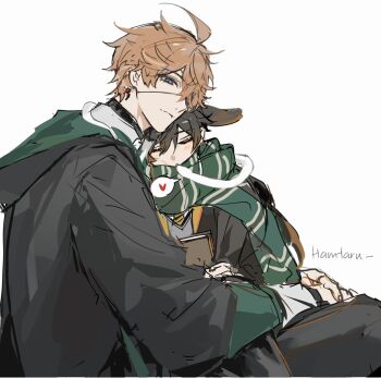 2boys age_difference aged_down alternate_costume carrying genshin_impact hamtaru542899 harry_potter_(series) highres hogwarts_school_uniform hufflepuff mors_gn multiple_boys one_eye_covered rabbit_ears rabbit_tail scarf sleeping slytherin tartaglia_(genshin_impact) tartali.club uniform white_background wizarding_world yaoi zhongli_(genshin_impact)