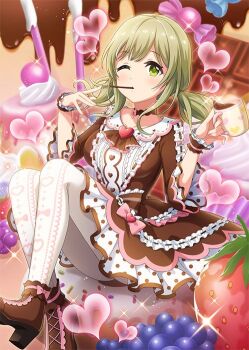 1girl blush bow bow_choker breasts brooch brown_choker brown_dress brown_shoes brown_wrist_cuffs candy chocolate chocolate_bar choker collarbone commentary_request cup cupcake dot_nose dress drink food food_in_mouth frilled_dress frills fruit grapes green_eyes green_hair heart heart_brooch high_heels holding holding_cup jewelry knees_up large_breasts looking_at_viewer medium_hair mug official_art one_eye_closed oversized_food oversized_object pantyhose pink_bow pocky pocky_in_mouth project_tokyo_dolls pudding second-party_source shiori_(project_tokyo_dolls) shoes short_twintails sitting sparkle strawberry twintails white_pantyhose wrist_cuffs