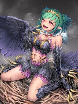 1girl absurdres bird_legs black_feathers black_wings blush breasts claws covered_erect_nipples enokiyama fang feathers green_hair harpy heart heart-shaped_pupils highres indie_virtual_youtuber lincoro monster_girl navel nest open_mouth pointy_ears red_eyes short_hair short_twintails small_breasts solo stomach_tattoo symbol-shaped_pupils talons tattoo tentacle_clothes tiara twintails virtual_youtuber wings