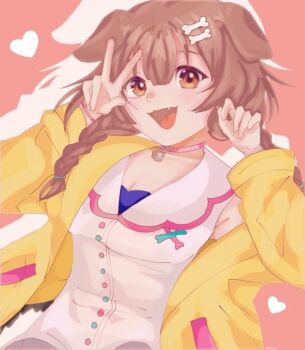 aiokosaio animal_ears bone brown_eyes brown_hair choker dog_ears dress fang hololive inugami_korone inugami_korone_(1st_costume) jacket pink_choker virtual_youtuber white_dress yellow_jacket