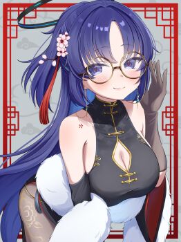 1girl :3 absurdres adjusting_eyewear alternate_costume armpit_crease bare_shoulders bespectacled black_dress black_gloves black_halo blue_archive blue_hair blush breasts china_dress chinese_clothes cleavage cleavage_cutout closed_mouth clothing_cutout collarbone colored_inner_hair commentary cowboy_shot dress flower fur_shawl glasses gloves hair_flower hair_intakes hair_ornament half_updo halo hand_up highres large_breasts leaning_forward long_hair looking_at_viewer mechanical_halo multicolored_hair panda_90321 parted_bangs pink_flower ponytail purple_eyes purple_hair red_pupils round_eyewear shawl sleeveless sleeveless_dress slit_pupils smile solo split_mouth tassel tassel_hair_ornament tsurime very_long_hair yellow-framed_eyewear yuuka_(blue_archive)