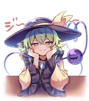 &gt;:) 1girl black_hat bow buttons diamond_button eyeball frilled_shirt_collar frilled_sleeves frills green_hair hands_on_own_head hat hat_bow hat_ribbon heart heart_of_string highres komeiji_koishi ribbon sekisei_(superego51) shirt smile smirk smug third_eye touhou translation_request v-shaped_eyebrows white_background wide_sleeves yellow_bow yellow_ribbon yellow_shirt