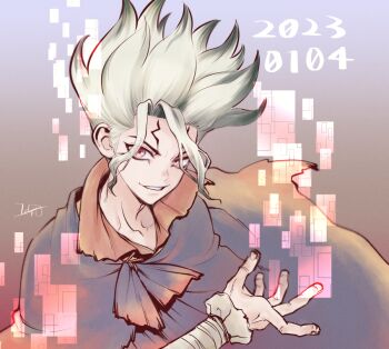 1boy 2023 bandaged_arm bandages birthday cloak cracked_skin dated dr._stone facial_mark green_hair grey_hair happy_birthday ishigami_senkuu looking_at_viewer male_focus multicolored_hair ninomae_gin pixels red_eyes signature smile smirk solo spiked_hair upper_body white_hair