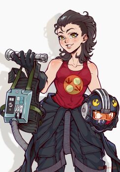 Rule 34 | 1girl, absurdres, black gloves, black helmet, black jumpsuit, black vest, blush, breasts, brown hair, collared shirt, commentary, cowboy shot, english commentary, gloves, helmet, highres, holding, holding unworn helmet, jaina solo, jumpsuit, jumpsuit around waist, medium hair, parted lips, red tank top, saint morrigan, shadow, shirt, small breasts, solo, star wars, tank top, undercut, unworn headwear, unworn helmet, vest, white background, yellow eyes