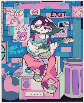 1girl blue_eyes boombox border closed_mouth commentary earrings electric_guitar english_commentary expressionless guitar half-closed_eyes highres holding holding_guitar holding_instrument instrument jax_(the_amazing_digital_circus) jewelry limited_palette multicolored_eyes multicolored_shoes neon_palette pants pink_pants pomni_(the_amazing_digital_circus) purple_shoes rabbit red_eyes shirt shoes short_hair single_bare_shoulder single_earring sitting solo taffimaya the_amazing_digital_circus trash trash_can two-tone_eyes white_border