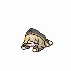 1girl :3 ahoge animated anis_(nikke) beret black_jacket blush_stickers goddess_of_victory:_nikke hair_ornament hat jacket kiwi_forest kiwichip lowres lying multicolored_jacket on_stomach orange_jacket solo tagme two-tone_jacket video
