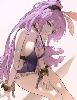 1girl arm_at_side bare_legs bare_shoulders black_bow black_ribbon blue_leotard bow breasts chain closed_mouth collar collarbone elbow_gloves feet_out_of_frame frilled_leotard frills gloves hair_ribbon hand_on_own_thigh head_tilt high_ponytail highres komodo large_breasts leotard long_hair looking_at_viewer metal_collar metal_wrist_cuffs o-ring ponytail purple_eyes purple_hair rabbit_ears ribbon shia_(stella_sora) sitting smile solo stella_sora thigh_strap very_long_hair white_gloves wide_ponytail