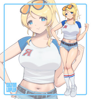 1girl absurdres ayase_eli belt black_belt breasts closed_mouth culton cutoffs denim denim_shorts eyewear_on_head hand_on_own_hip highres large_breasts looking_at_viewer love_live! love_live!_school_idol_project midriff navel orange-tinted_eyewear raglan_sleeves shirt shoes short_shorts shorts smile socks solo thighs tinted_eyewear white_shirt white_shoes white_socks zoom_layer