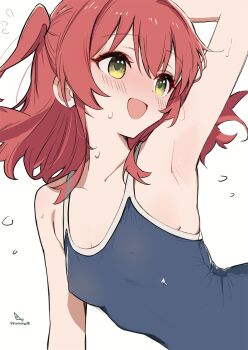 1girl absurdres arm_up armpits artist_logo blue_one-piece_swimsuit blush bocchi_the_rock! breasts covered_erect_nipples dated_commentary green_eyes hair_between_eyes highres kita_ikuyo logo minusk9 one-piece_swimsuit one_side_up open_mouth red_hair simple_background small_breasts smile solo swimsuit twitter_username white_background
