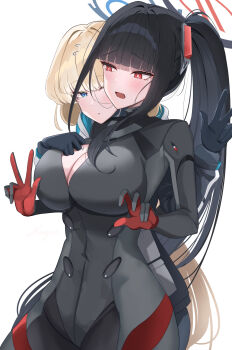 2girls black_bodysuit black_gloves black_hair black_halo black_jacket blonde_hair blue_archive blue_eyes blue_halo blunt_bangs blush bodysuit breasts bright_pupils cleavage commentary_request cowboy_shot flying_sweatdrops gloves hair_ornament halo highres hood hood_down hooded_jacket jacket large_breasts latex latex_bodysuit long_hair looking_at_viewer multicolored_halo multicolored_jacket multiple_girls official_alternate_costume official_alternate_hairstyle open_mouth parted_lips ponytail red_eyes ringed_eyes rio_(blue_archive) rio_(bodysuit)_(blue_archive) shougun_(chuckni1) sidelocks simple_background skin_tight standing toki_(blue_archive) toki_(bodysuit)_(blue_archive) two-tone_halo undressing_another v very_long_hair white_jacket white_pupils