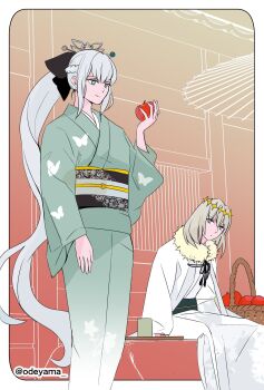 1boy 1girl apple black_bow blue_eyes bow braid fate/grand_order fate_(series) food fruit hair_between_eyes hair_bow half_up_braid highres japanese_clothes kimono long_hair morgan_le_fay_(fate) oberon_(fate) odeyama ponytail short_hair very_long_hair white_hair