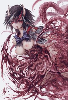 1girl absurdres black_hair blood blood_on_face blue_bow blue_bowtie bow bowtie breasts commission crying crying_with_eyes_open entrails feet_out_of_frame guro hair_between_eyes highres horns intestines kijin_seija large_breasts looking_at_viewer multicolored_hair nipples open_mouth organs pointy_ears red_eyes red_hair ribs shirt short_hair skeb_commission solo stomach_(organ) streaked_hair tears tentacles torn_clothes torn_shirt touhou white_background white_horns yu-ki_iwata