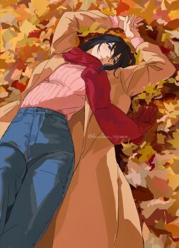 1girl arms_behind_head autumn_leaves black_hair blue_pants breasts brown_coat coat commentary cowboy_shot darao_(daradara_suyaaa) denim facial_scar hair_between_eyes highres jeans leaf light_blush long_coat lying medium_breasts mikasa_ackerman on_back pants pink_sweater red_scarf ribbed_sweater scar scar_on_cheek scar_on_face scarf shingeki_no_kyojin short_hair solo sweater symbol-only_commentary twitter_username