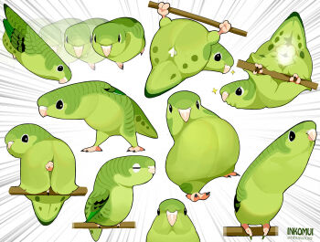 afterimage animal_focus beak bird black_eyes branch commentary emphasis_lines feathers green_bird green_feathers hiyoratory multiple_views no_humans on_branch original parakeet parrot sparkle twitter_username